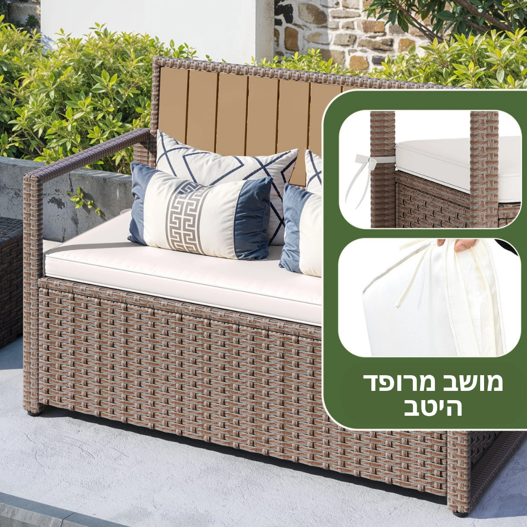 ™Zirvan | ספסל אחסון רטאן 70 גלון – קופסת דק חיצונית עם כריות